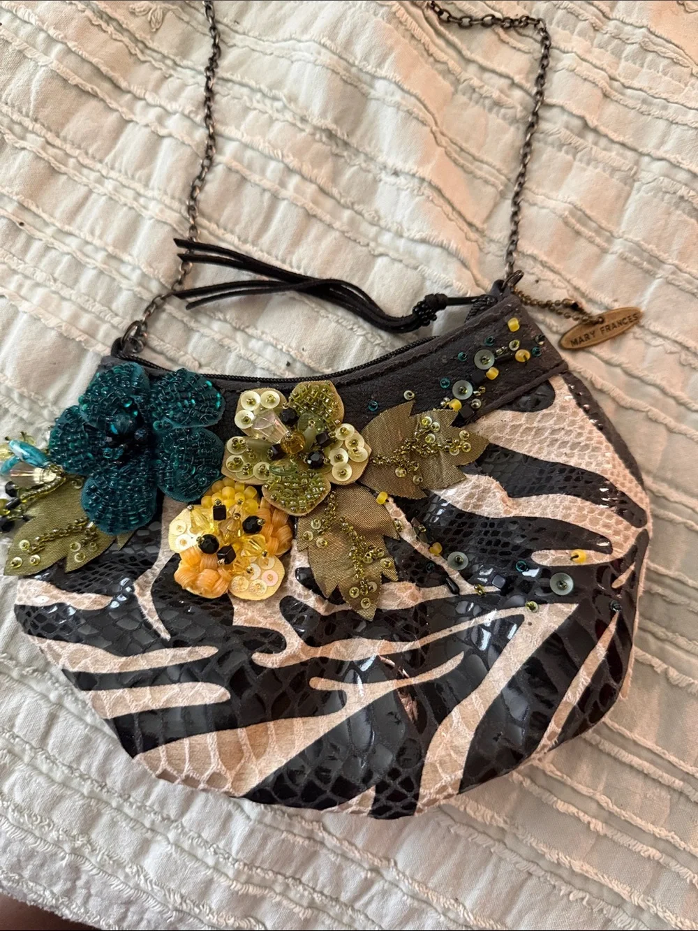 Mary Frances Teal, Yellow & Olive Floral Zebra Crossbody Bag